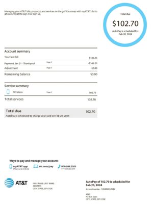 Editable phone bill template – US At&t sample in PDF