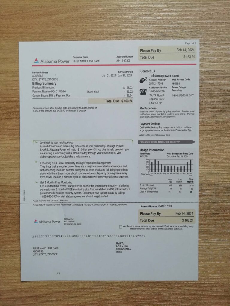 Editable Alabama Power utility bill template in paper format