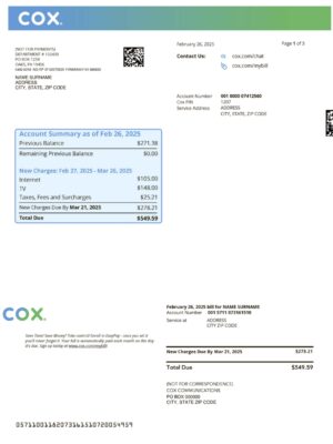 Clean layout of COX Internet bill – editable USA version