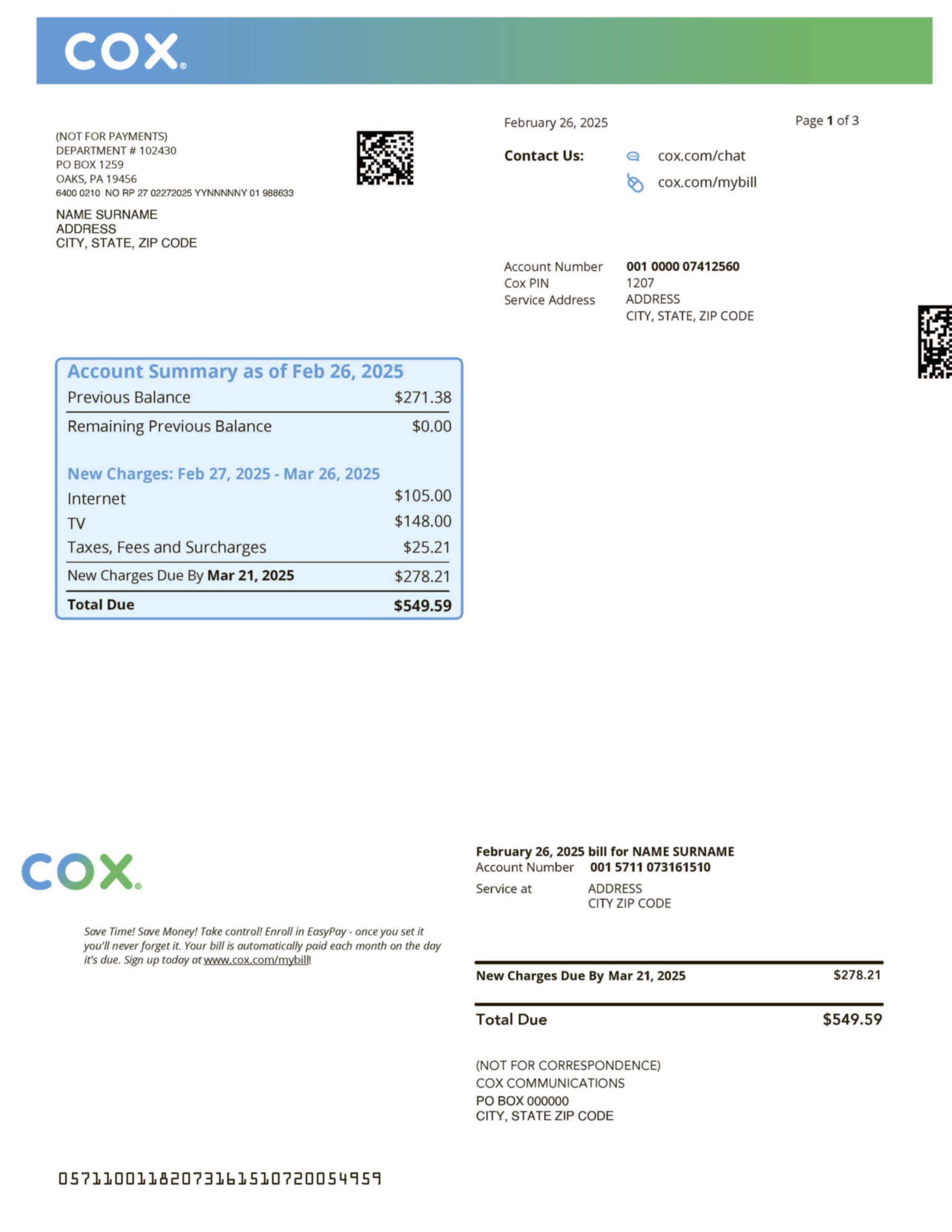 Clean layout of COX Internet bill – editable USA version