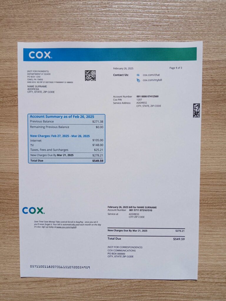 COX bill printed and photographed – address proof from USA