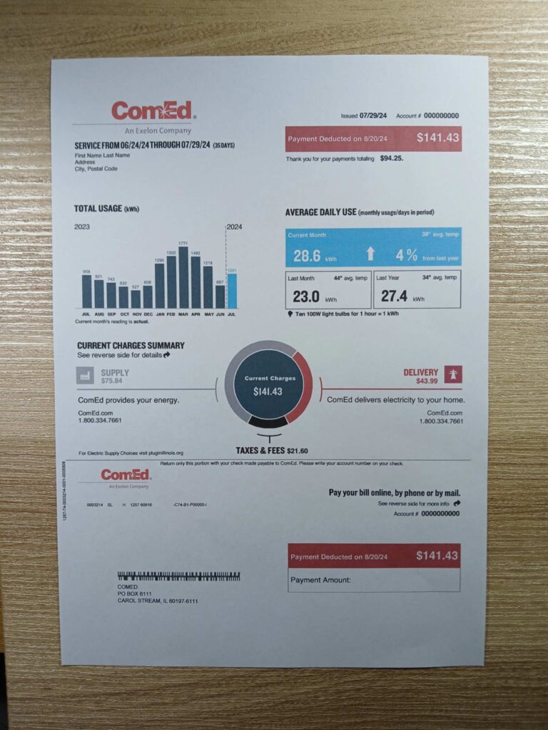 Illinois Comed Electricity residential utility bill photographed on desk