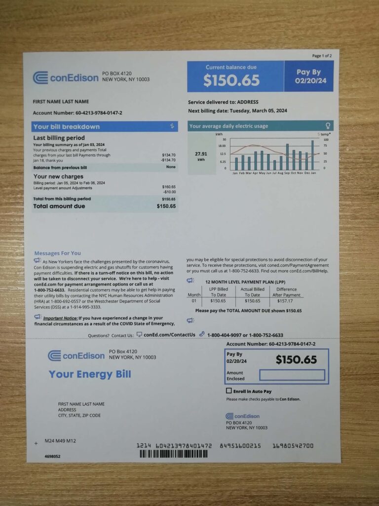 Realistic ConEdison Electricity utility bill used for verification purposes
