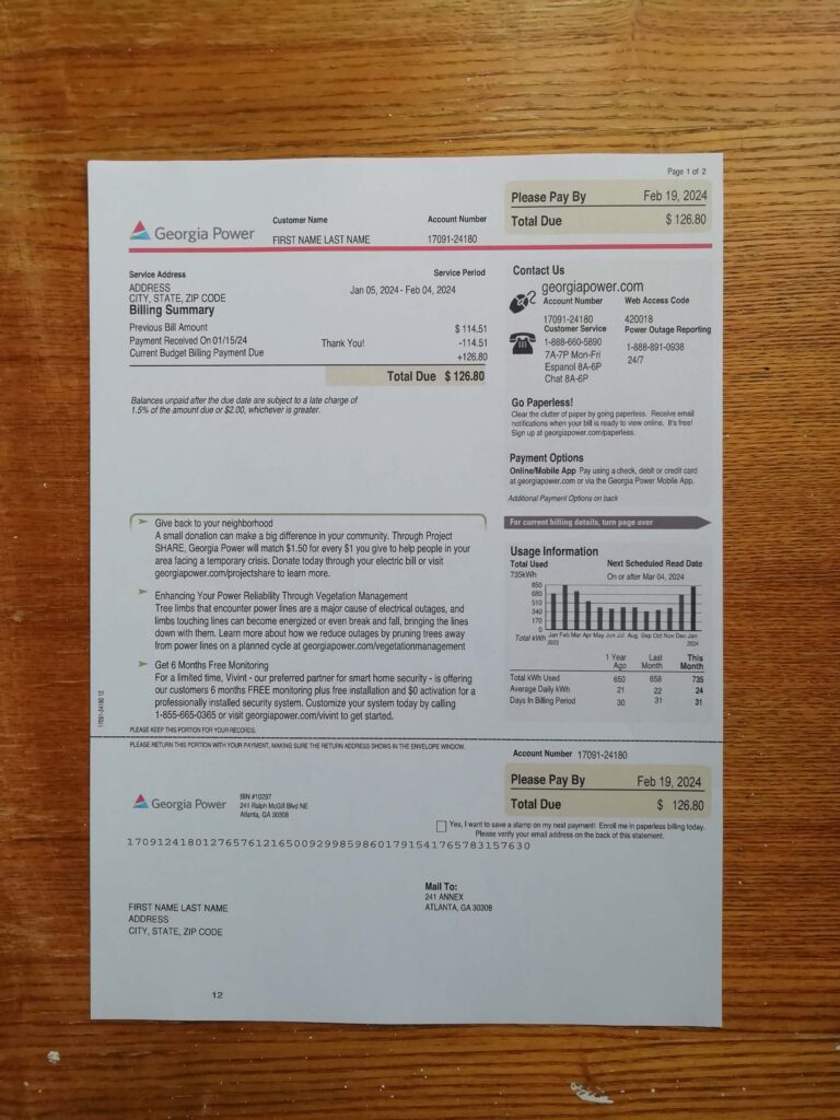 Georgia Power utility bill for digital simulation