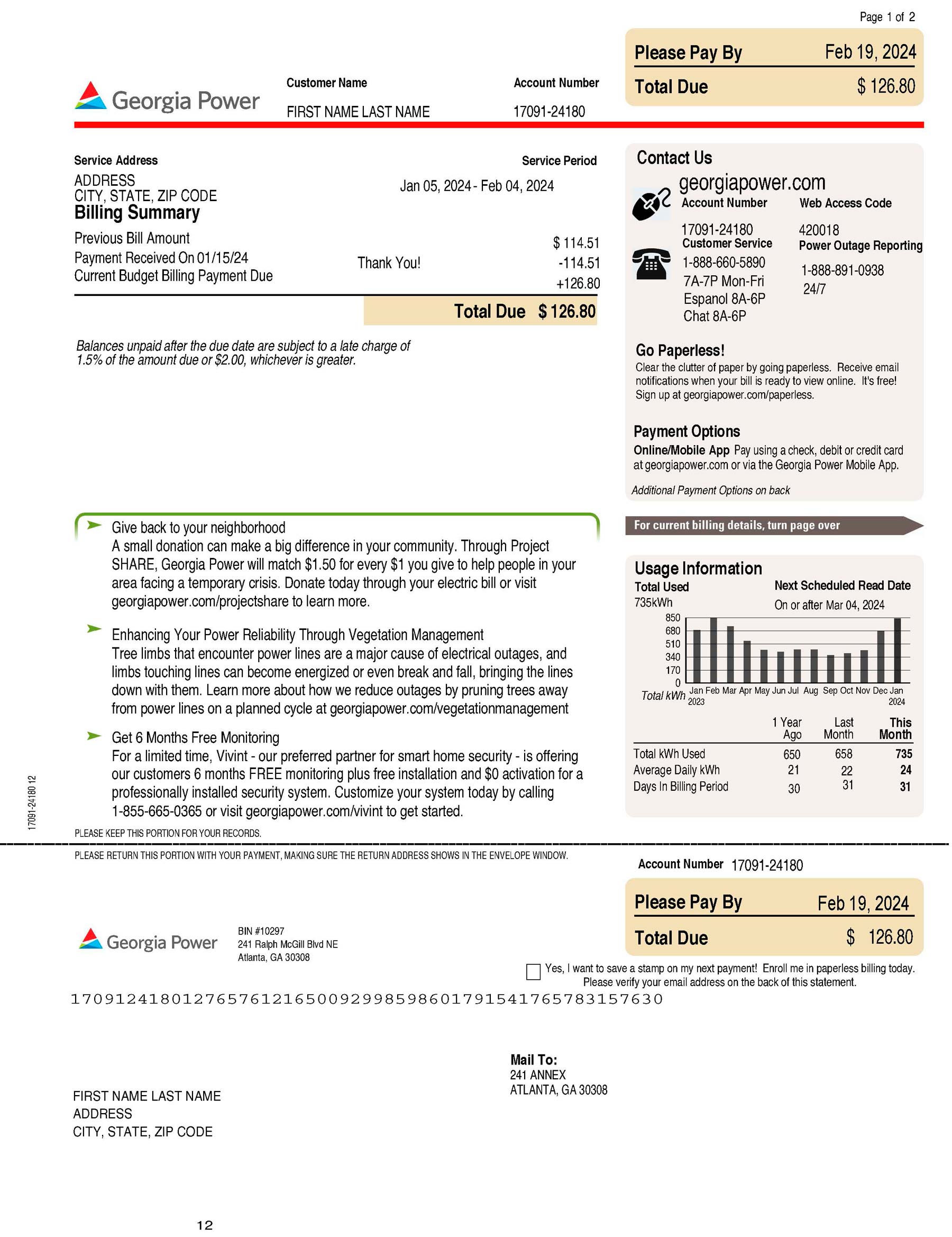 Editable electricity bill template – Georgia Power sample in PDF