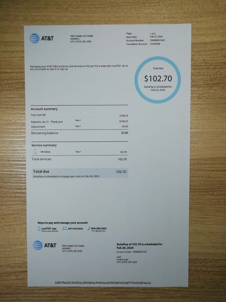 Real photo of US At&t bill – physical evidence for residence