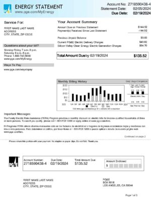 PG&E utility bill from California – customizable PDF for address proof