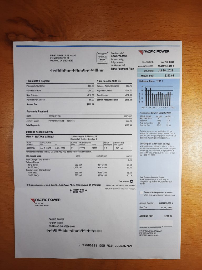 Pacific Power California utility bill captured for sample usage