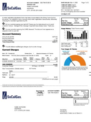 SoCalGas gas statement from California – modifiable PDF template