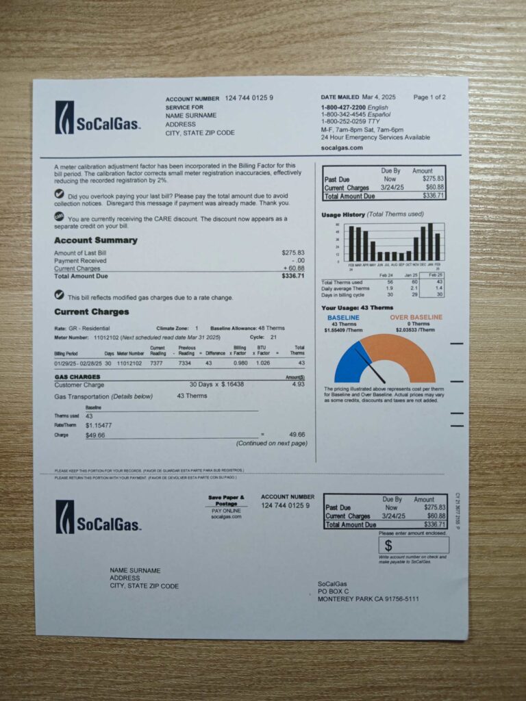 Authentic printed SoCalGas bill from California – proof of address example