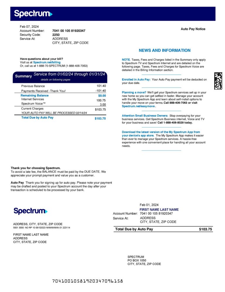Spectrum cable, internet statement from US – modifiable PDF template