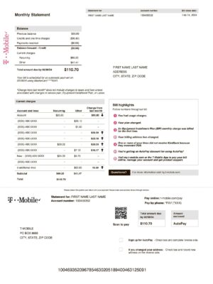 PDF Clean layout of T-mobile phone, Internet bill – editable US version