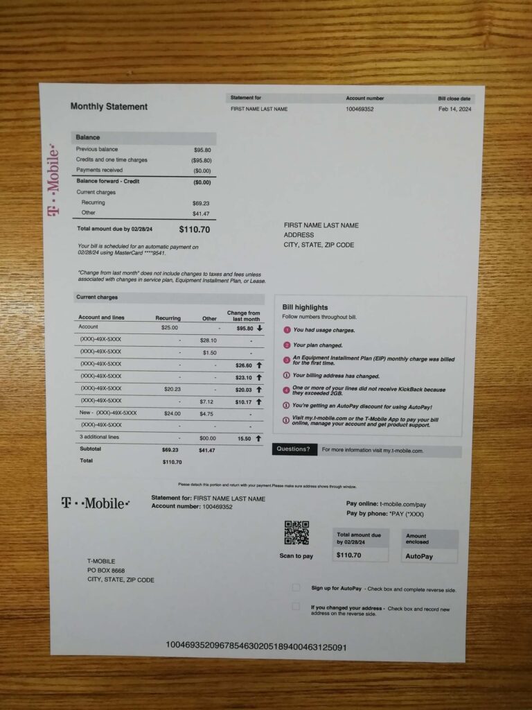 Real photo of T-Mobile Bill Template PDF US for digital simulation