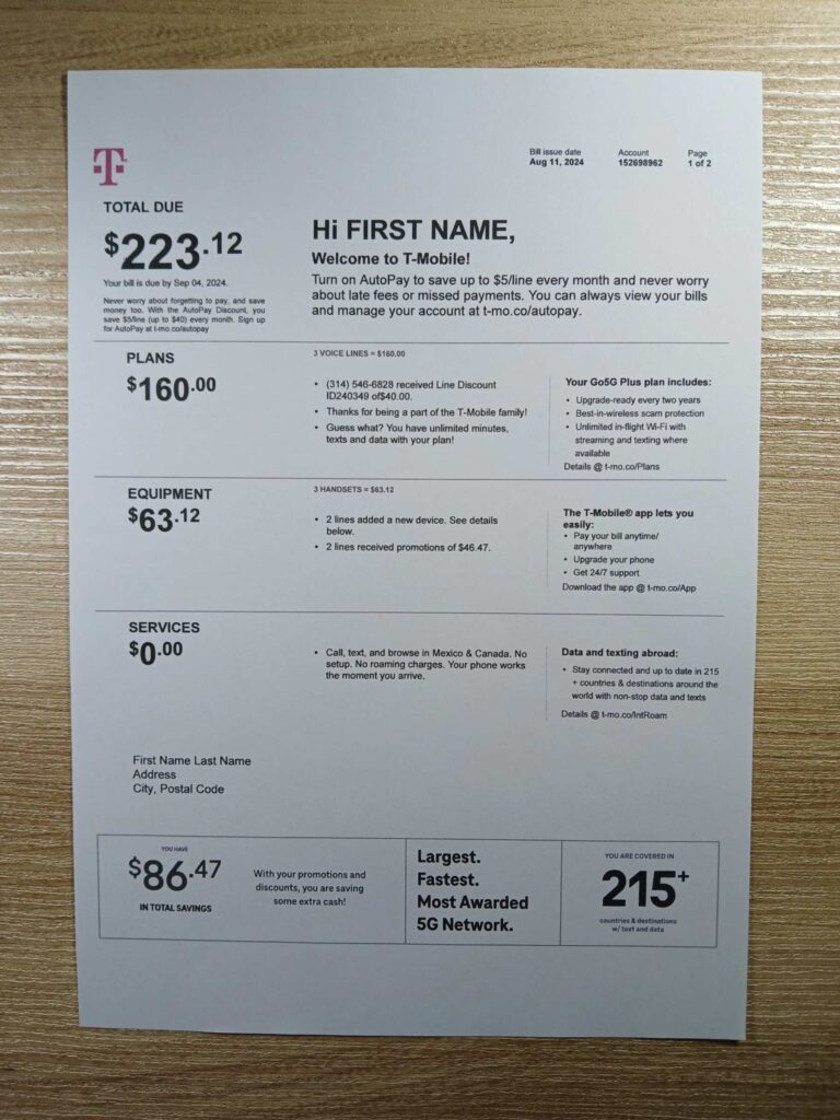 Phone bill template T-mobile US custom invoice captured for sample usage