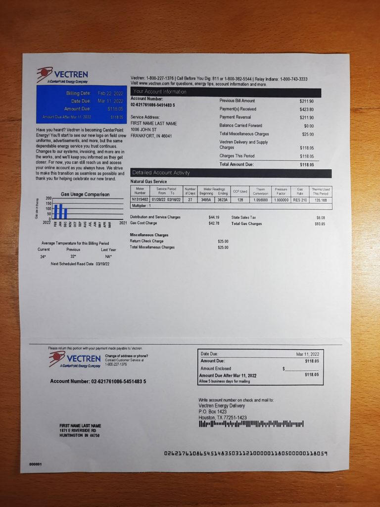 Printed copy of Vectren utility bill template for ID proof