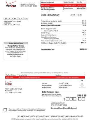 Verizon utility bill from US – customizable PDF for address proof