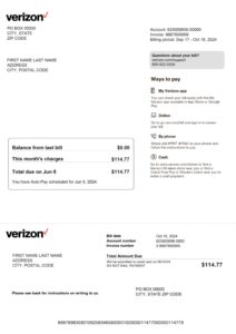 Verizon phone statement from US – modifiable PDF template