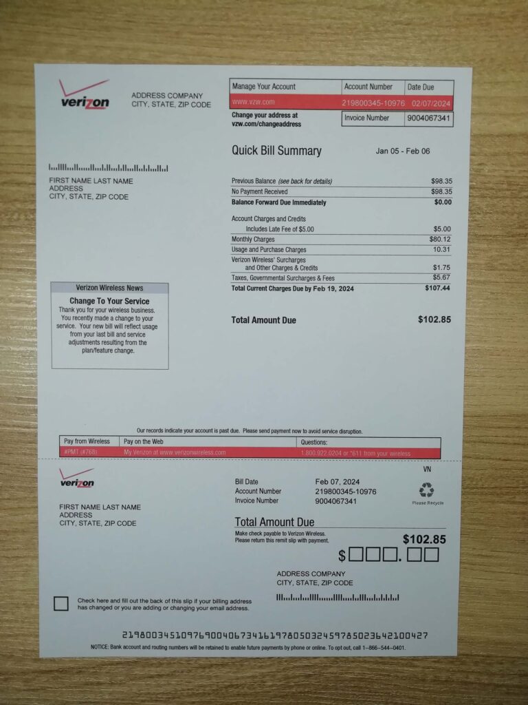 Real Verizon utility bill photo picture