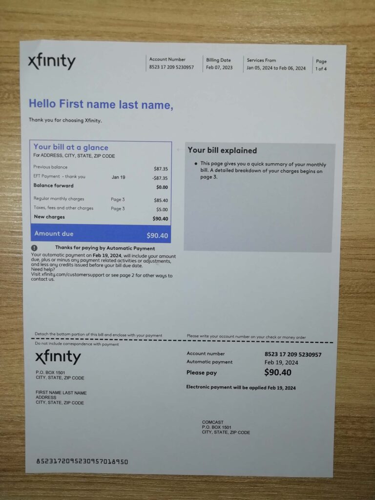 Address proof using Xfinity Utility bill PDF in US