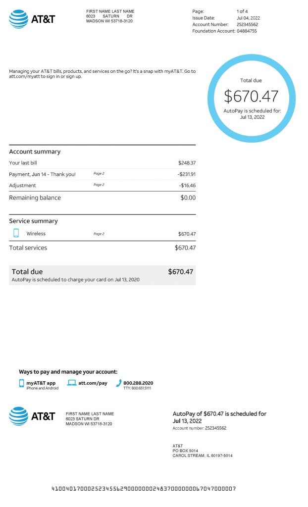 at&t bill template