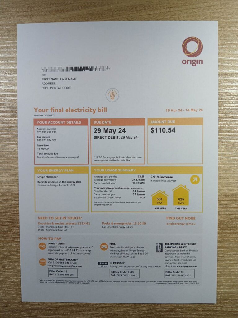 Australia Origin Electricity utility bill in print