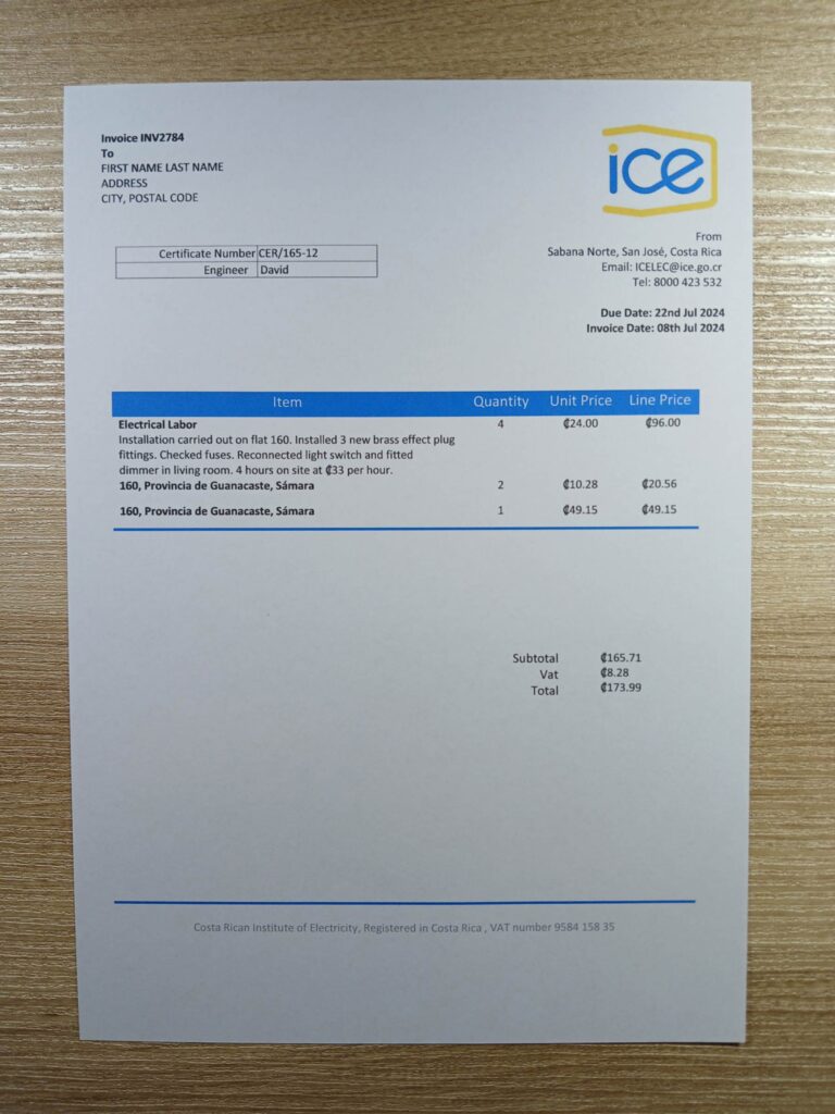 Address proof using Costa Rica ICE Electricity utility bill