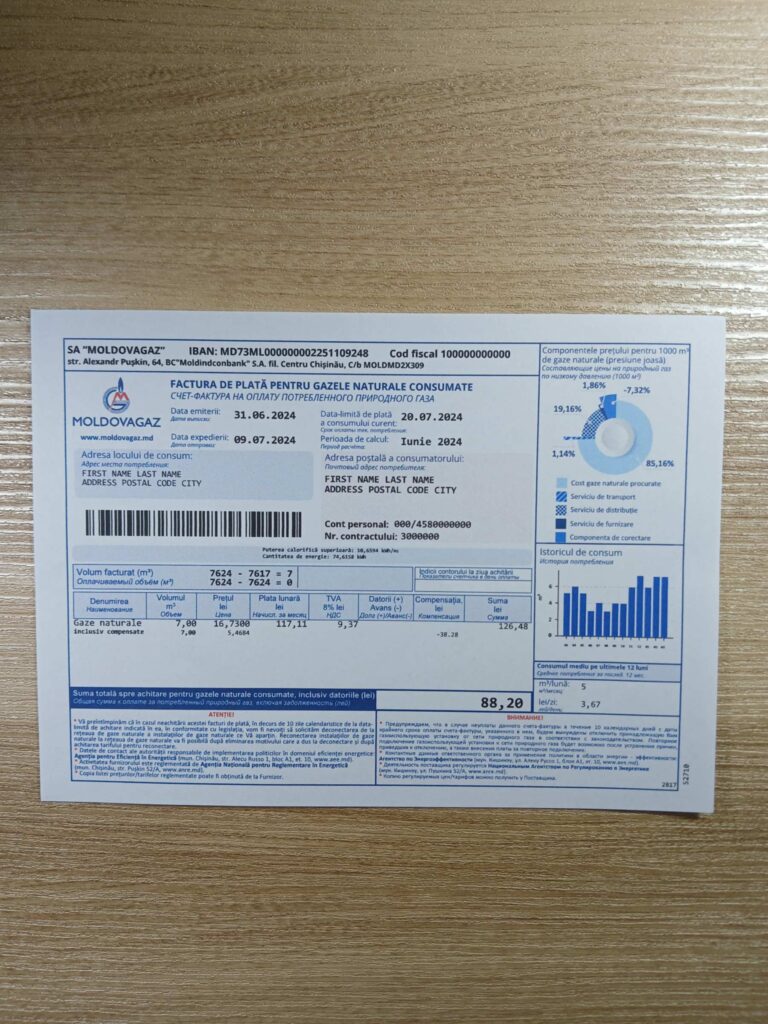 Moldova GAS utility bill scanned for proof of residence