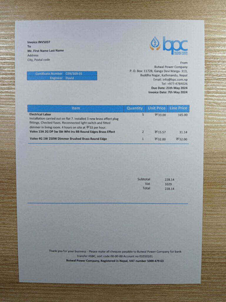 Realistic Nepal Butwal Power Company Limited electricity utility bill for documentation