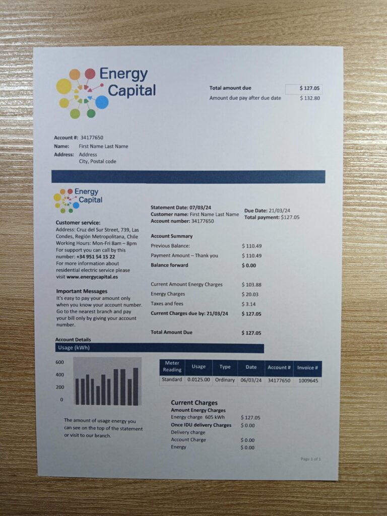 Energy Capital Chile electricity bill for digital simulation