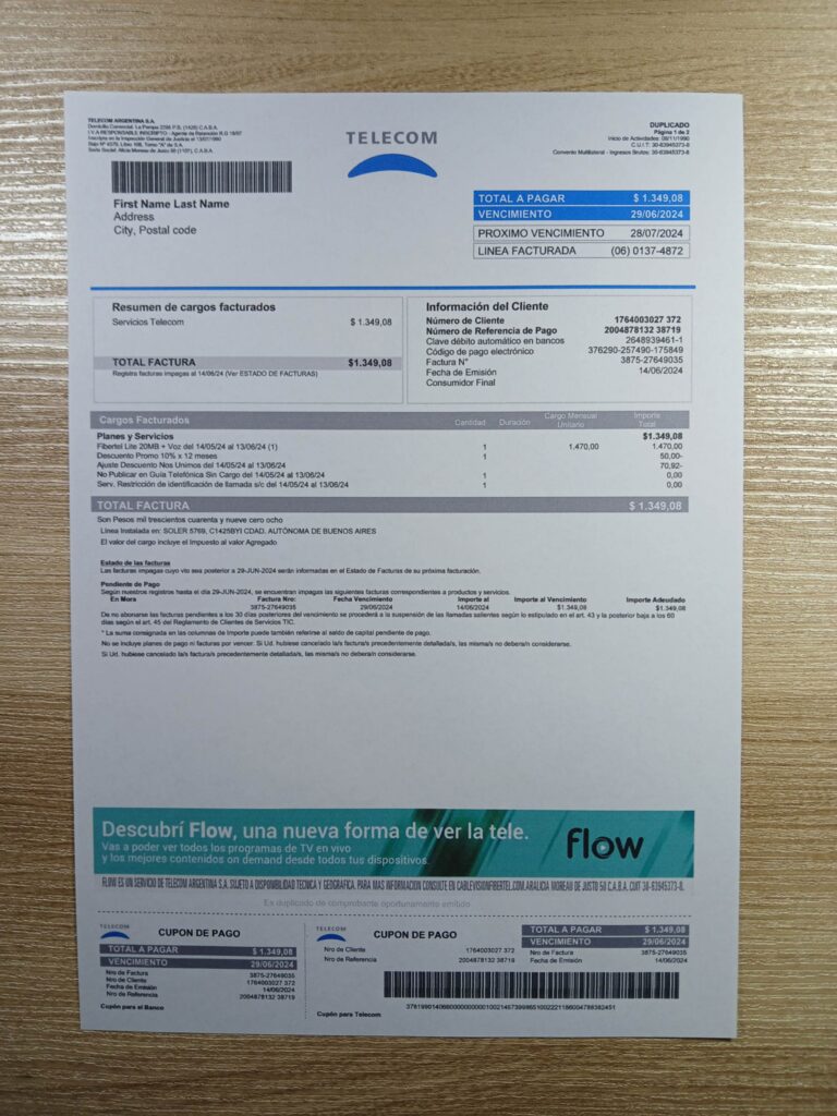 Telecom utility bill invoice Argentina scanned for proof of residence
