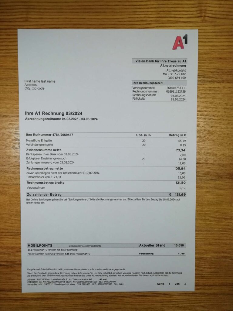 Utility bill printout from A1 Phone Internet for Austria users