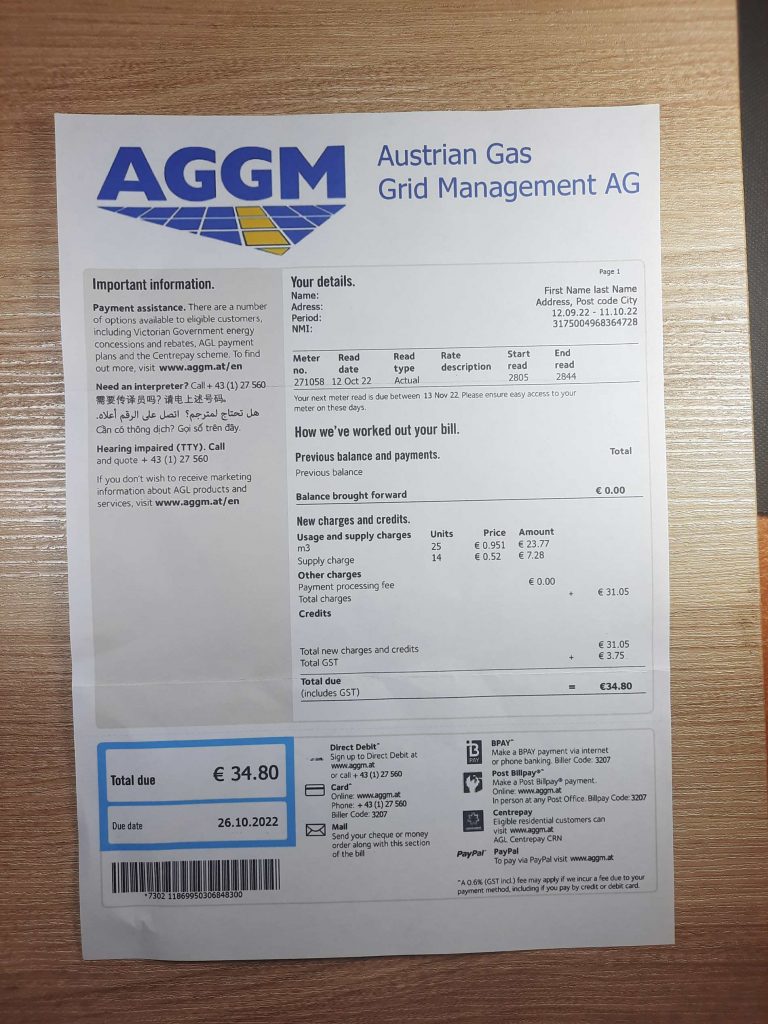 Utility bill printout from AGGM for Austria users