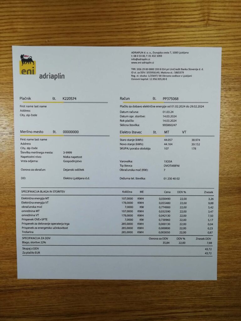 Preview of Slovenia utility bill document used for verification