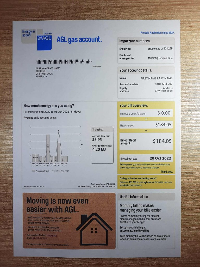 Australia AGL gas utility bill template