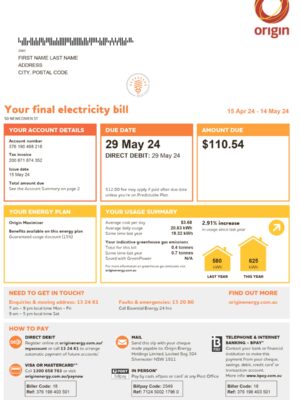 Clean layout of Origin electricity bill – editable Australia version