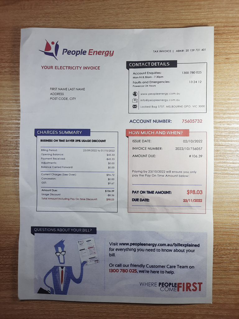 Australia People Energy utility bill photographed as reference