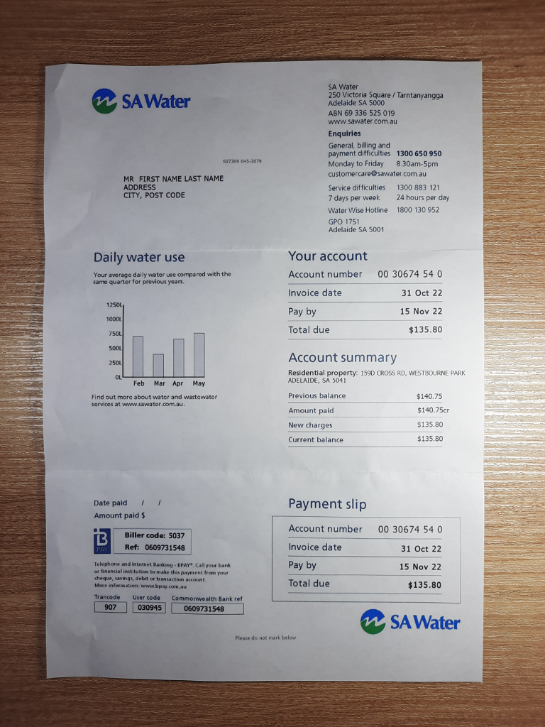 Visual example of Australia SA Water utility bill
