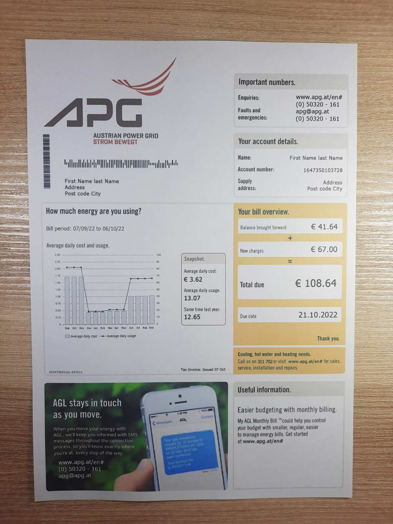 PDF-based Austria APG Power bill sample in real photo