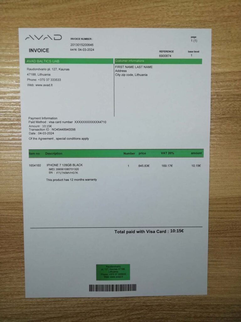 Utility bill printout from Lithuania AVAD Invoice users