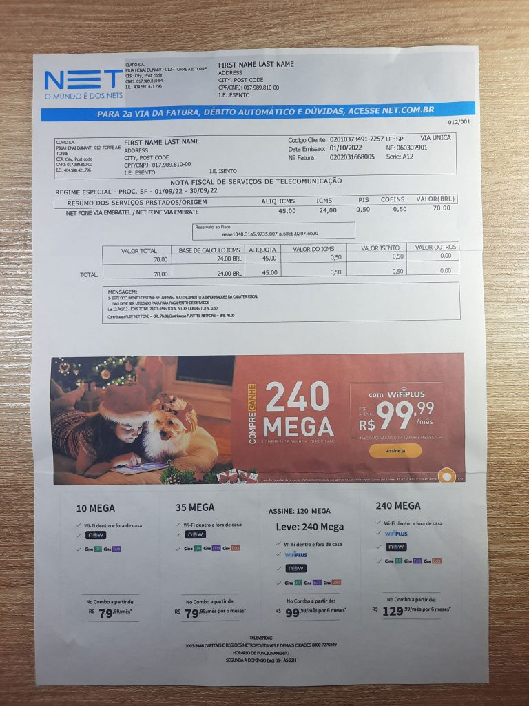 Brazil Internet Net utility bill template for training or testing