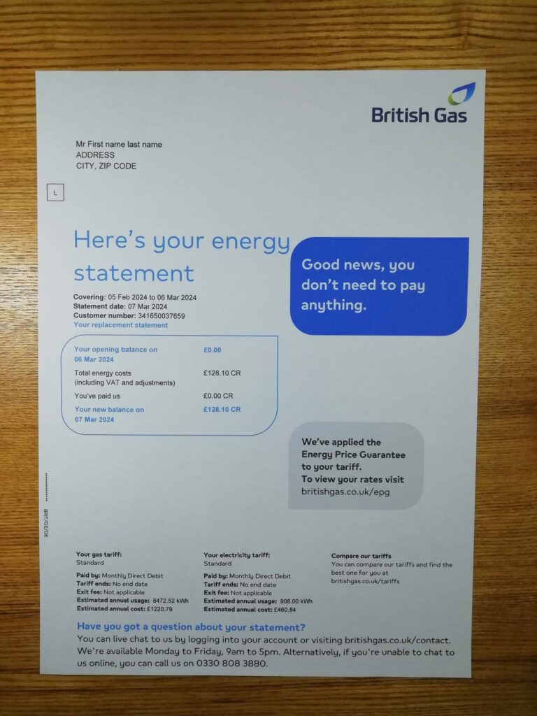 British Gas UK document-style utility statement image