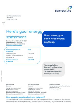 Clean layout of British Gas bill – editable UK version
