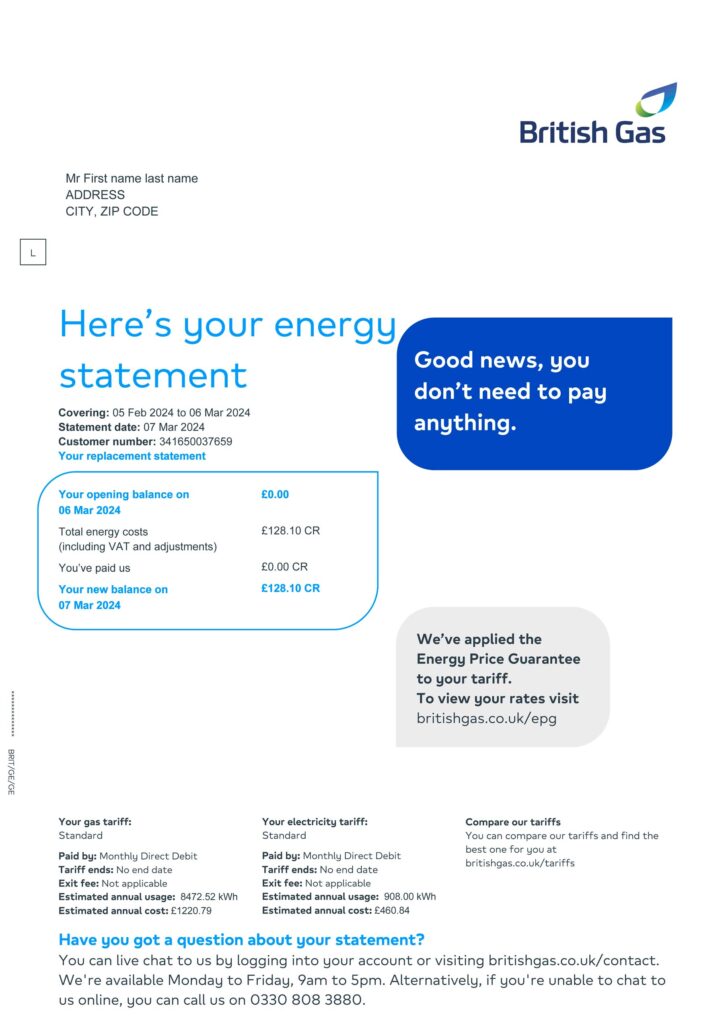 British Gas Bill Template — Proof of Address | UK, 24h Delivery