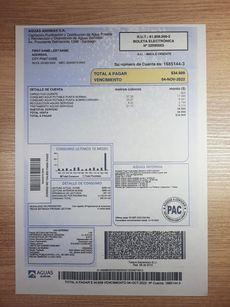 Chile Water Boleta utility bill template image