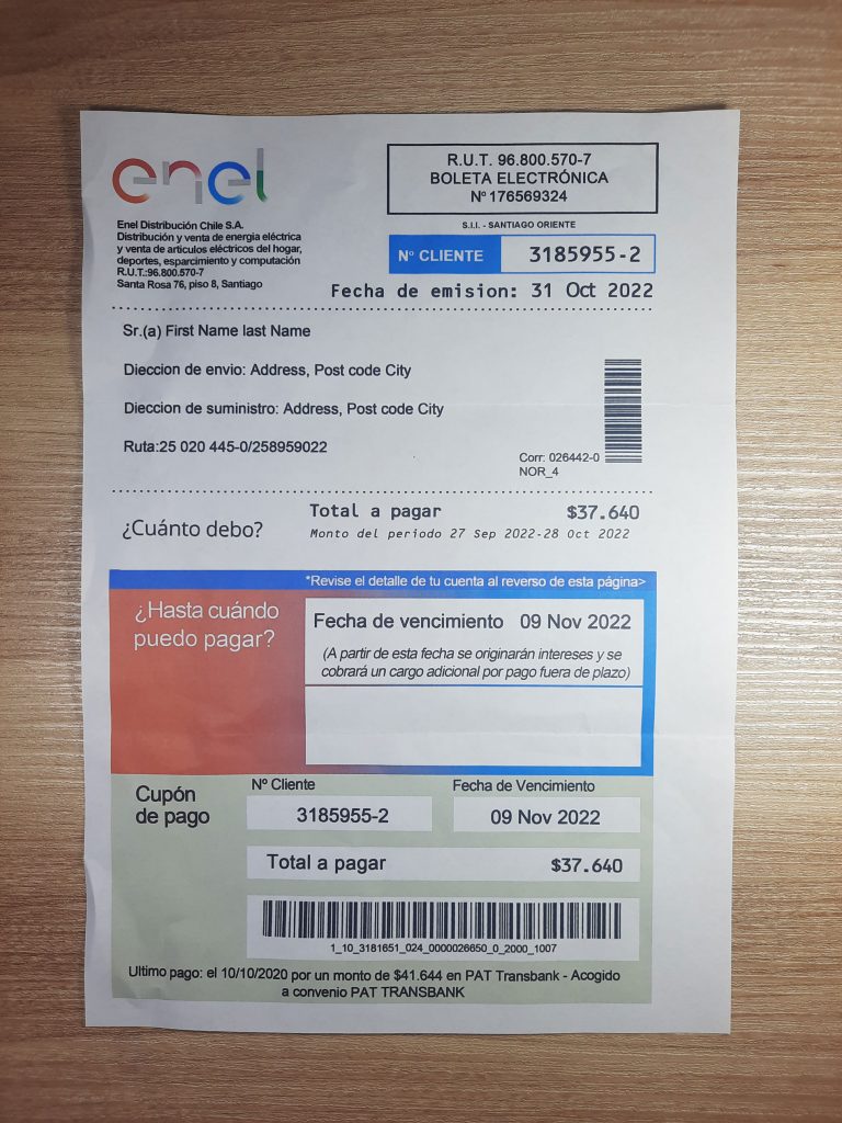 Chile Enel Electric utility bill template