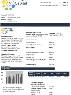 Editable electricity bill template – Chile Energy Capital sample in PDF
