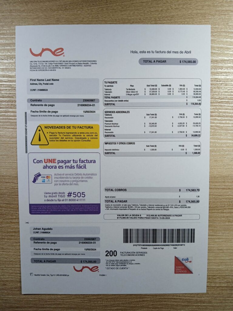 Colombia Une Internet utility bill for digital simulation