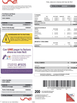 UNE utility bill from Colombia – customizable PDF for address proof