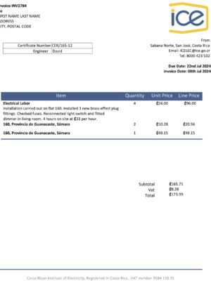 Clean layout of ICE invoice bill – editable Costa Rica version