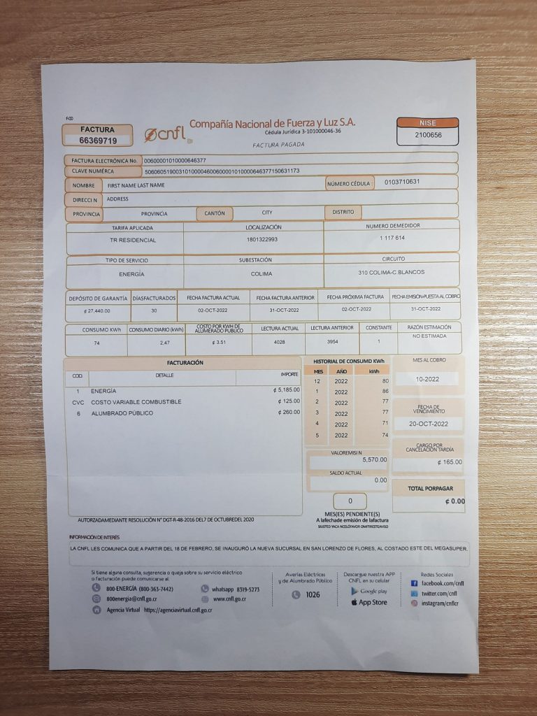 Costa Rica Electric CNFL utility bill template for digital simulation